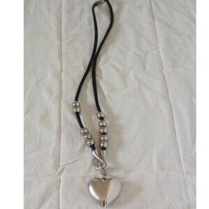 Chrome Puffed Heart Pendant Faux Leather Statement Necklace Y2K